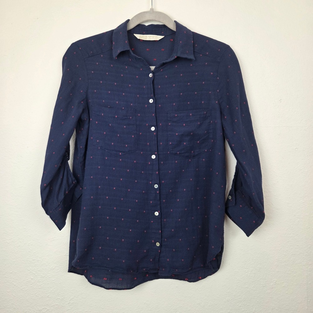 Zara Z1975 Denim Navy Blue Red Polka Dot Button Up‎ Shirt Womens Small RN 77302